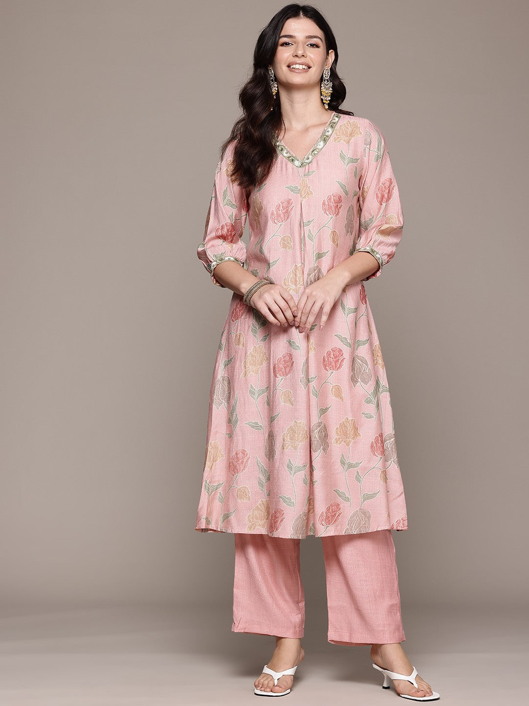 A Line Style Viscose Fabric Peach Color Kurta And Bottom