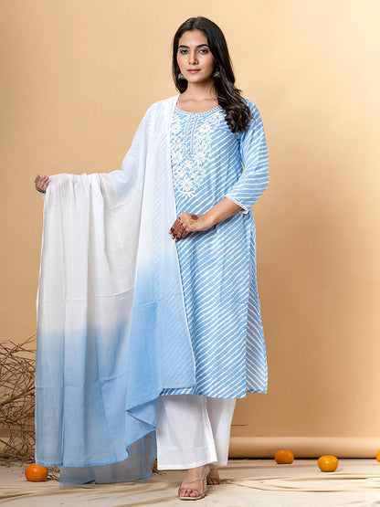 Straight Style Cotton Fabric Blue Color Kurta And Bottom With Dupatta