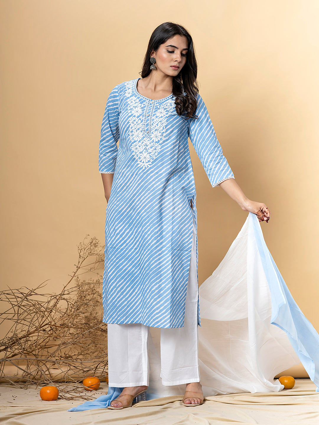 Straight Style Cotton Fabric Blue Color Kurta And Bottom With Dupatta