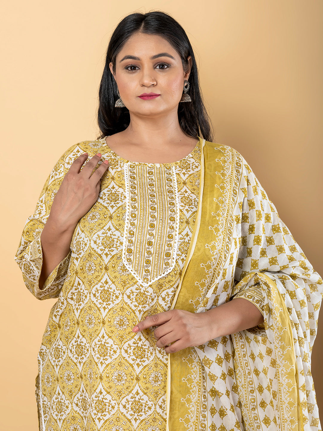 Straight Style Cotton Fabric Green Color Kurta And Bottom With Dupatta