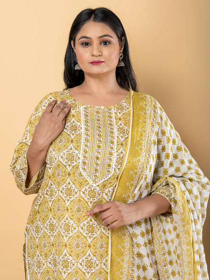 Straight Style Cotton Fabric Green Color Kurta And Bottom With Dupatta