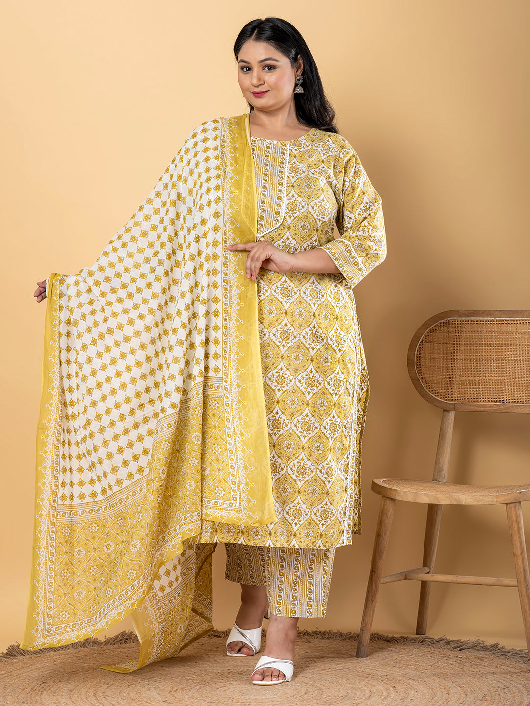 Straight Style Cotton Fabric Green Color Kurta And Bottom With Dupatta