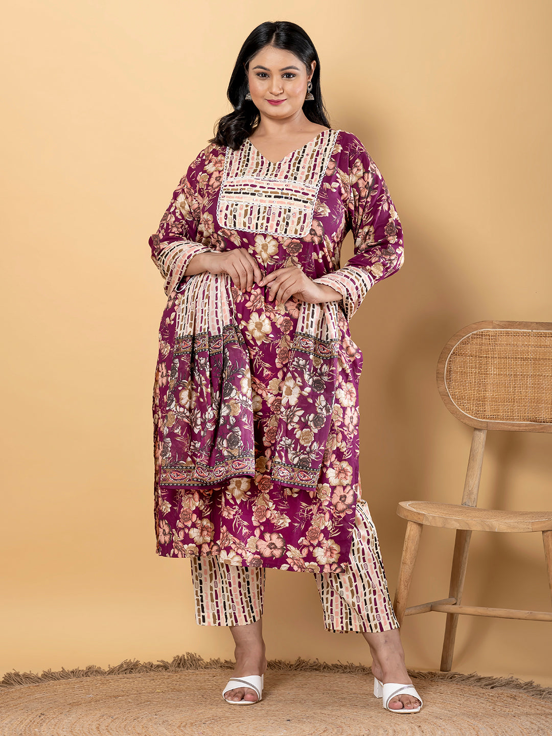 Straight Style Cotton Fabric Purple Color Kurta And Bottom With Dupatta