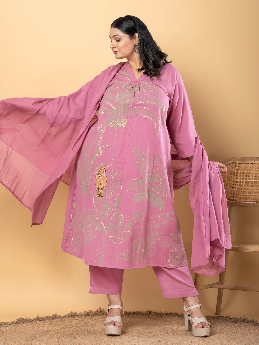 Anarkali Style Cotton Flex Fabric Mauve Color Kurta And Bottom With Dupatta
