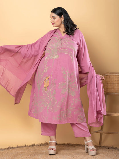 Anarkali Style Cotton Flex Fabric Mauve Color Kurta And Bottom With Dupatta