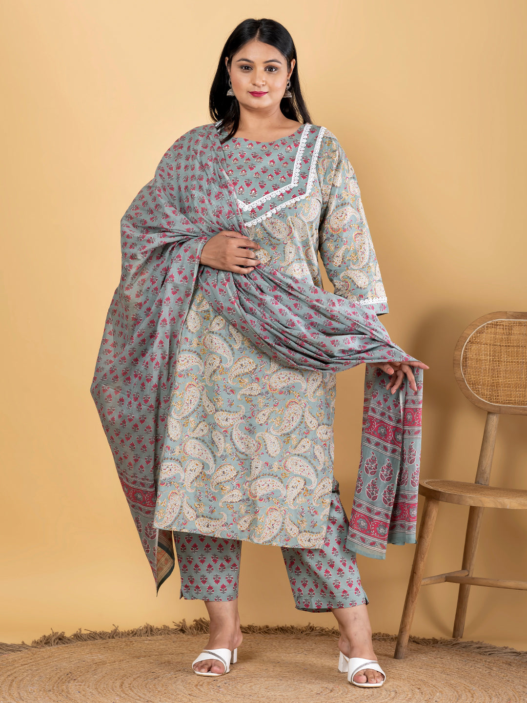 Straight Style Cotton Fabric Sea Green Color Kurta And Bottom With Dupatta