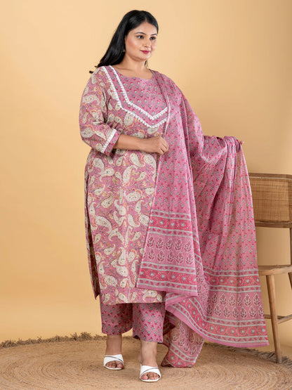 Straight Style Cotton Fabric Pink Color Kurta And Bottom With Dupatta