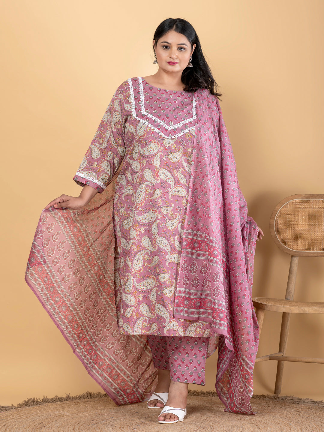 Straight Style Cotton Fabric Pink Color Kurta And Bottom With Dupatta