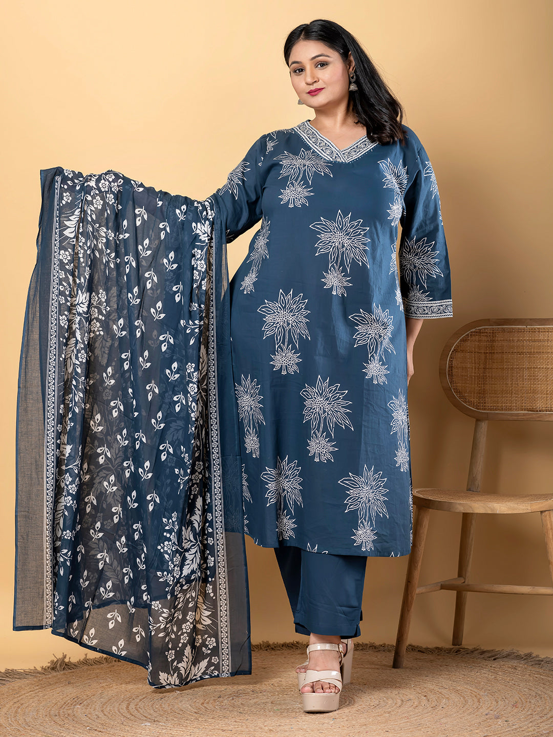Anarkali Style Cotton Fabric Teal Color Kurta And Bottom With Dupatta