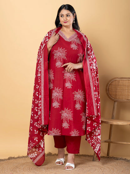 Anarkali Style Cotton Fabric Maroon Color Kurta And Bottom With Dupatta