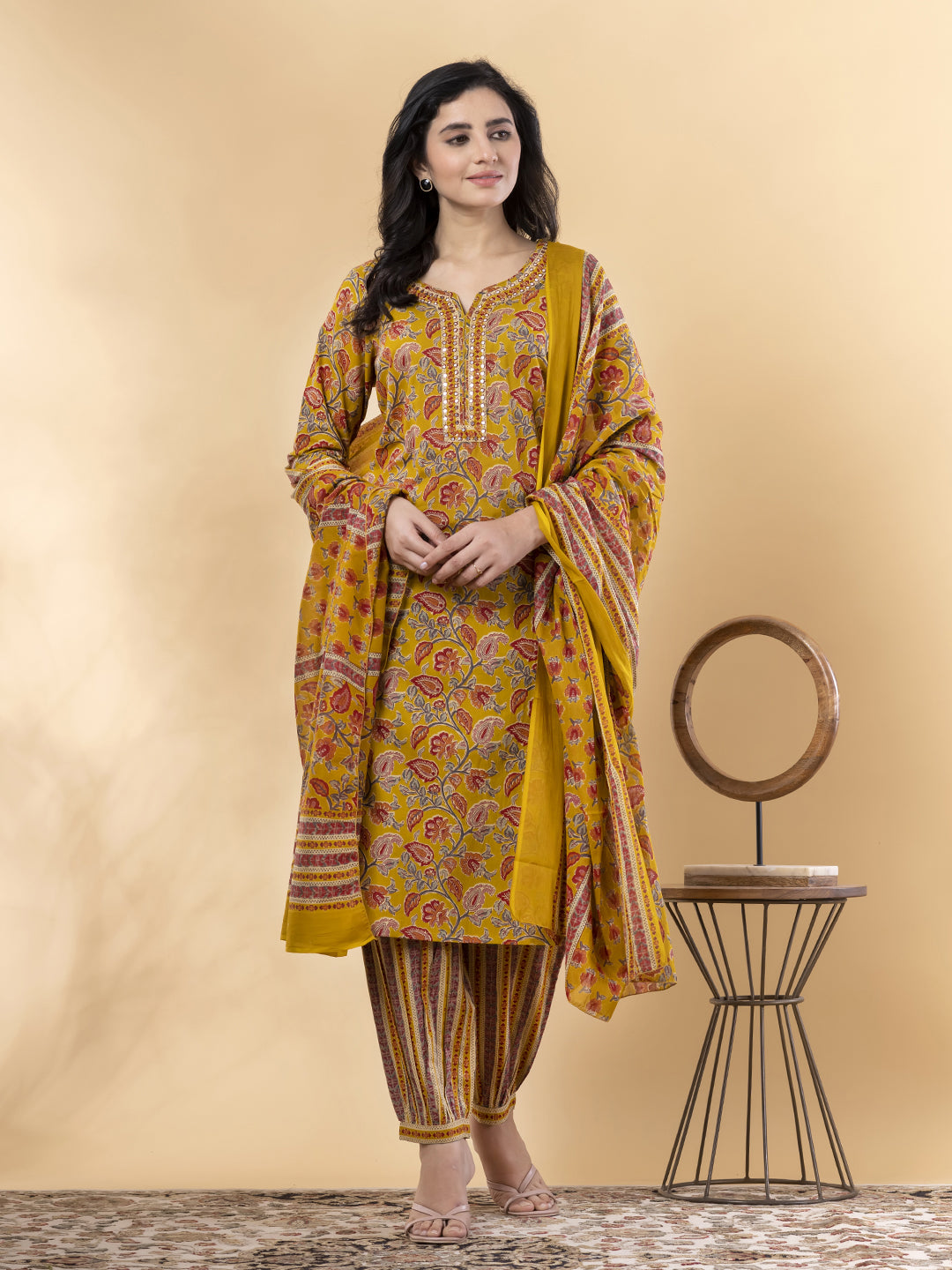 Straight Style Cotton Fabric Yellow Color Kurta And Bottom With Dupatta
