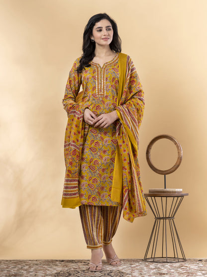 Straight Style Cotton Fabric Yellow Color Kurta And Bottom With Dupatta