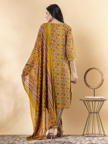 Straight Style Cotton Fabric Yellow Color Kurta And Bottom With Dupatta