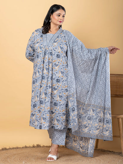 Anarkali Style Cotton Blend Fabric Grey Color Kurta With Bottom And Dupatta
