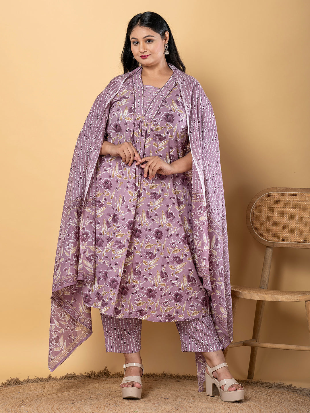 Anarkali Style Cotton Blend Fabric Mauve Color Kurta With Bottom And Dupatta