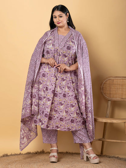 Anarkali Style Cotton Blend Fabric Mauve Color Kurta With Bottom And Dupatta