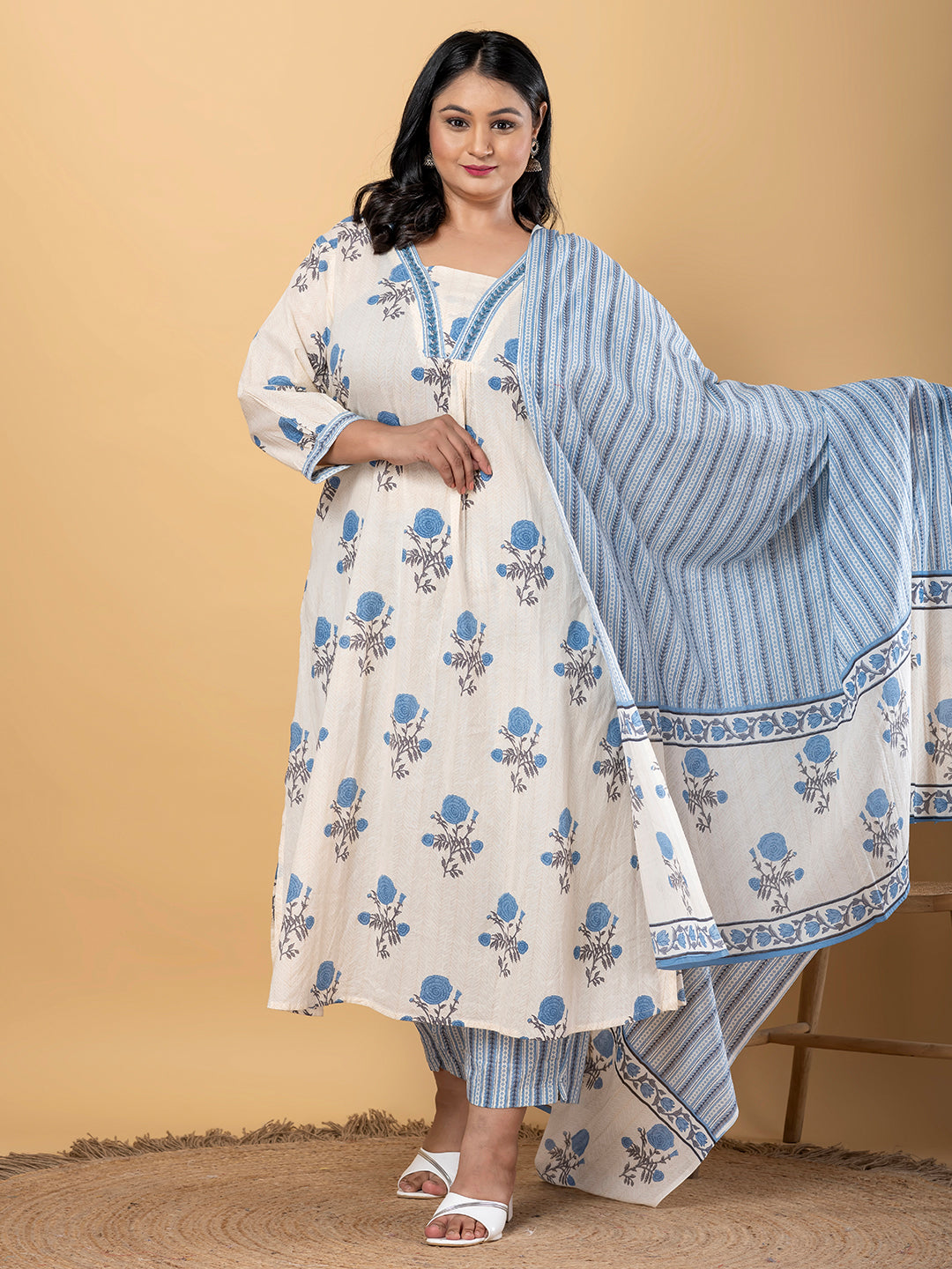 Straight Style Cotton Blend Fabric Cream Color Kurta With Bottom And Dupatta