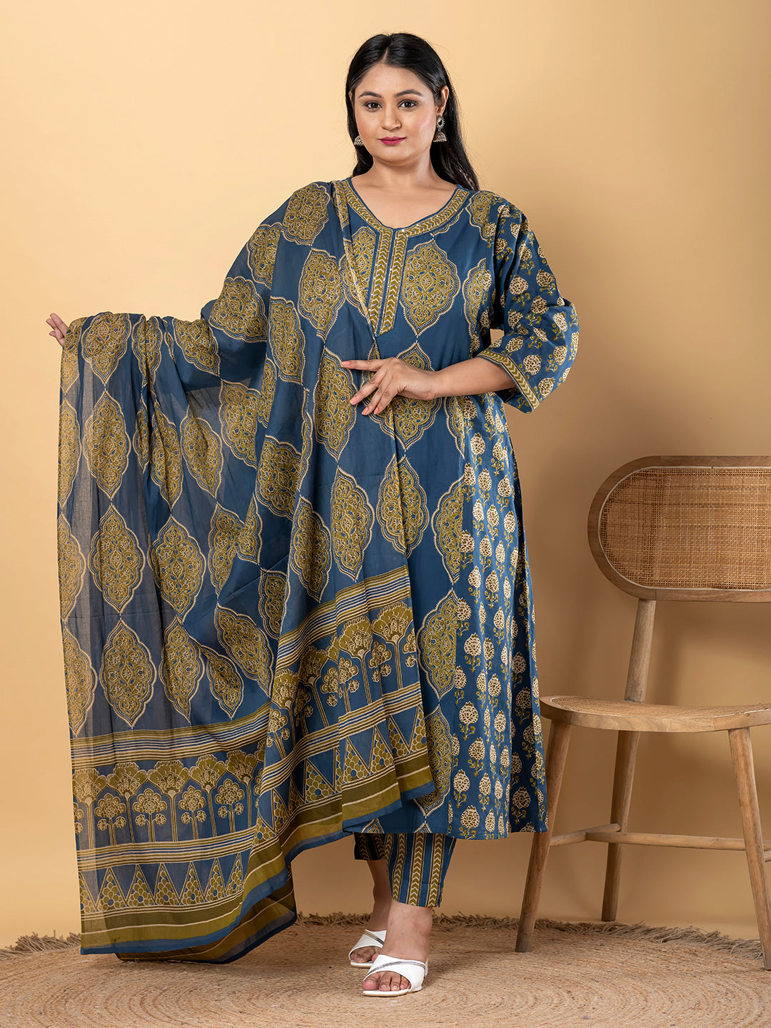 Anarkali Style Cotton Fabric Blue Color Kurta And Bottom With Dupatta