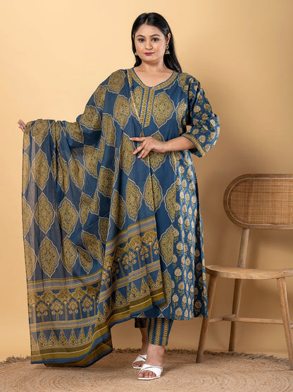 Anarkali Style Cotton Fabric Blue Color Kurta And Bottom With Dupatta