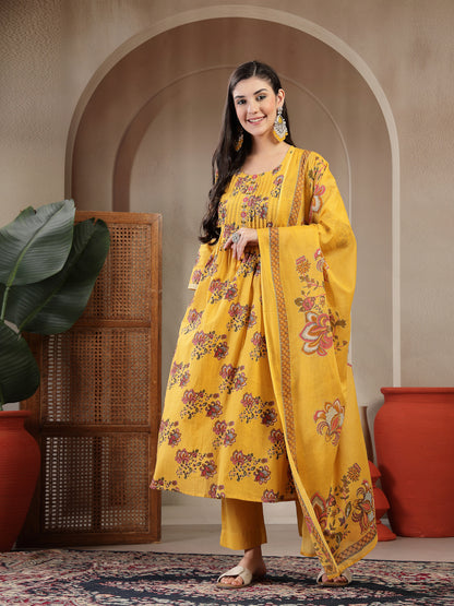 Cotton Calf Length Printed 3/4 Sleeve Round Neck A Line Kurta Suit Set With Dupatta