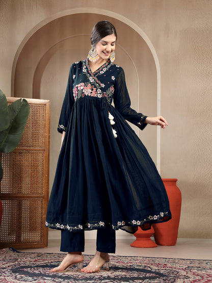 Cotton Calf Length Solid Full Sleeves Anrakha Neck Flared Kurta Suit Set With Dupatta