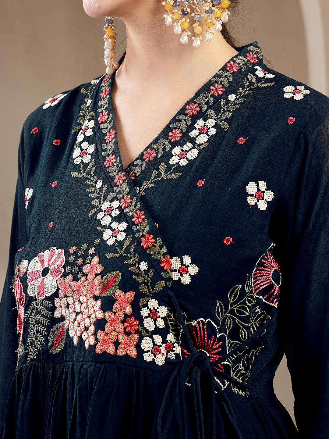 Cotton Calf Length Solid Full Sleeves Anrakha Neck Flared Kurta Suit Set With Dupatta