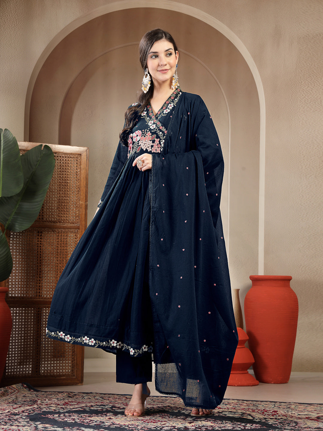 Cotton Calf Length Solid Full Sleeves Anrakha Neck Flared Kurta Suit Set With Dupatta