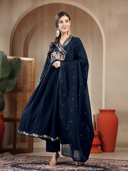 Cotton Calf Length Solid Full Sleeves Anrakha Neck Flared Kurta Suit Set With Dupatta