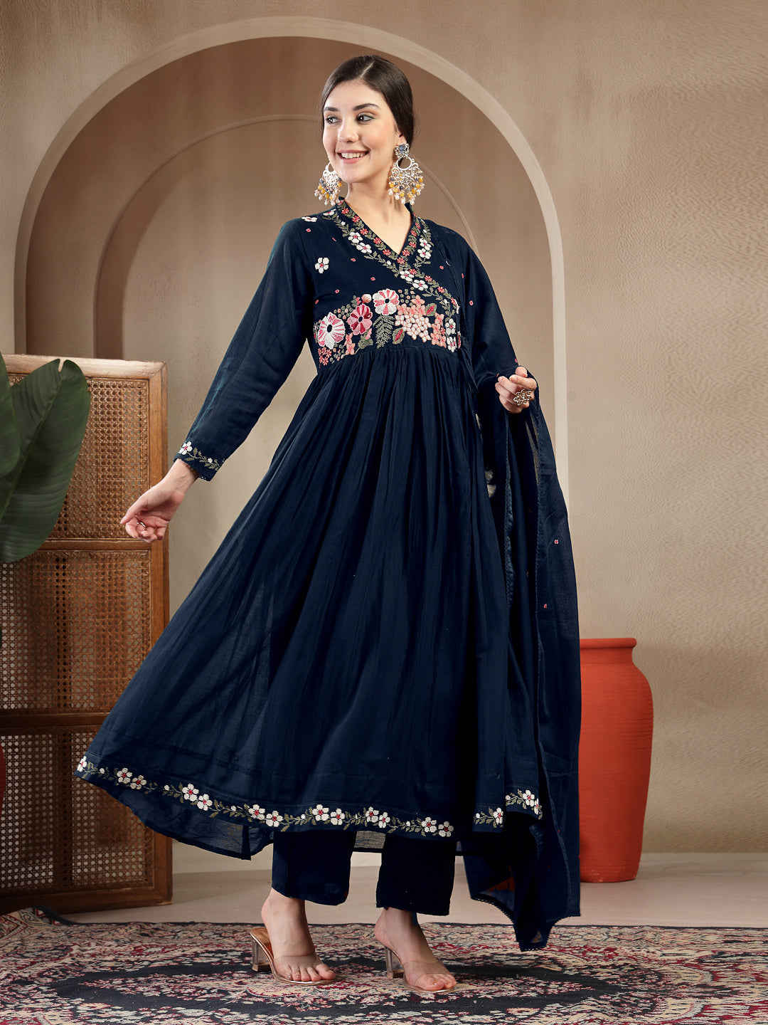 Cotton Calf Length Solid Full Sleeves Anrakha Neck Flared Kurta Suit Set With Dupatta