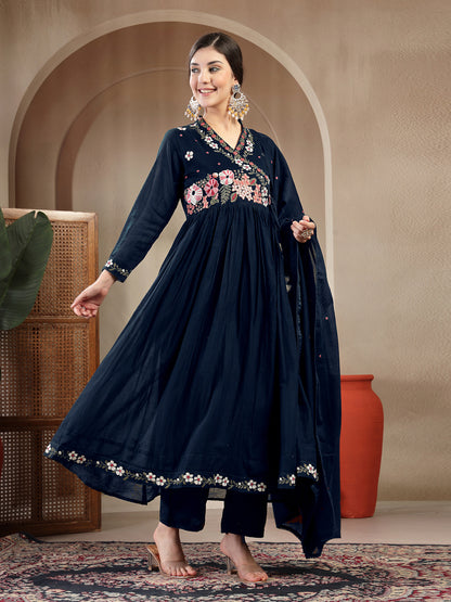 Cotton Calf Length Solid Full Sleeves Anrakha Neck Flared Kurta Suit Set With Dupatta