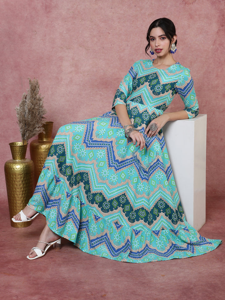 Rayon  Ankle Length Printed Flared 3/4 Sleeves Round Kurta