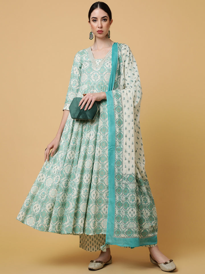 Cotton Calf Length Printed Flared 3/4 Sleeves V-Neck Kurta Bottom Dupatta Set