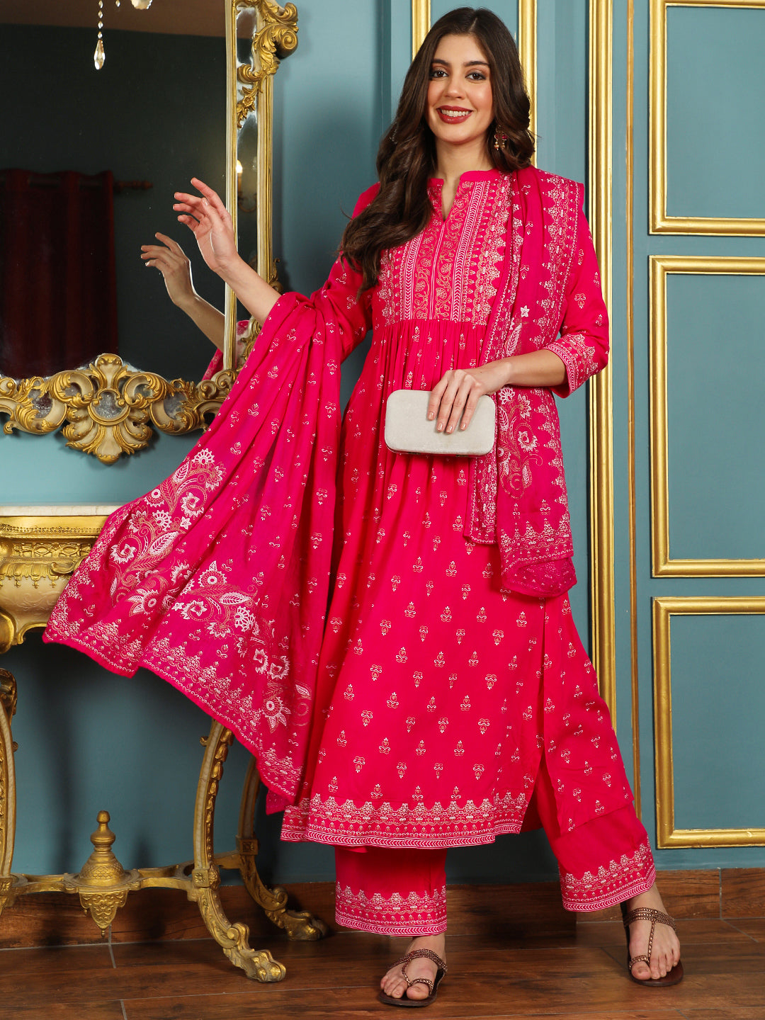 Rayon Calf Length Printed Flared 3/4 Sleeves Mandarin Neck Kurta Bottom Dupatta Set (Preorder)