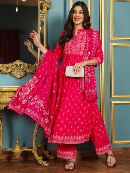 Rayon Calf Length Printed Flared 3/4 Sleeves Mandarin Neck Kurta Bottom Dupatta Set (Preorder)