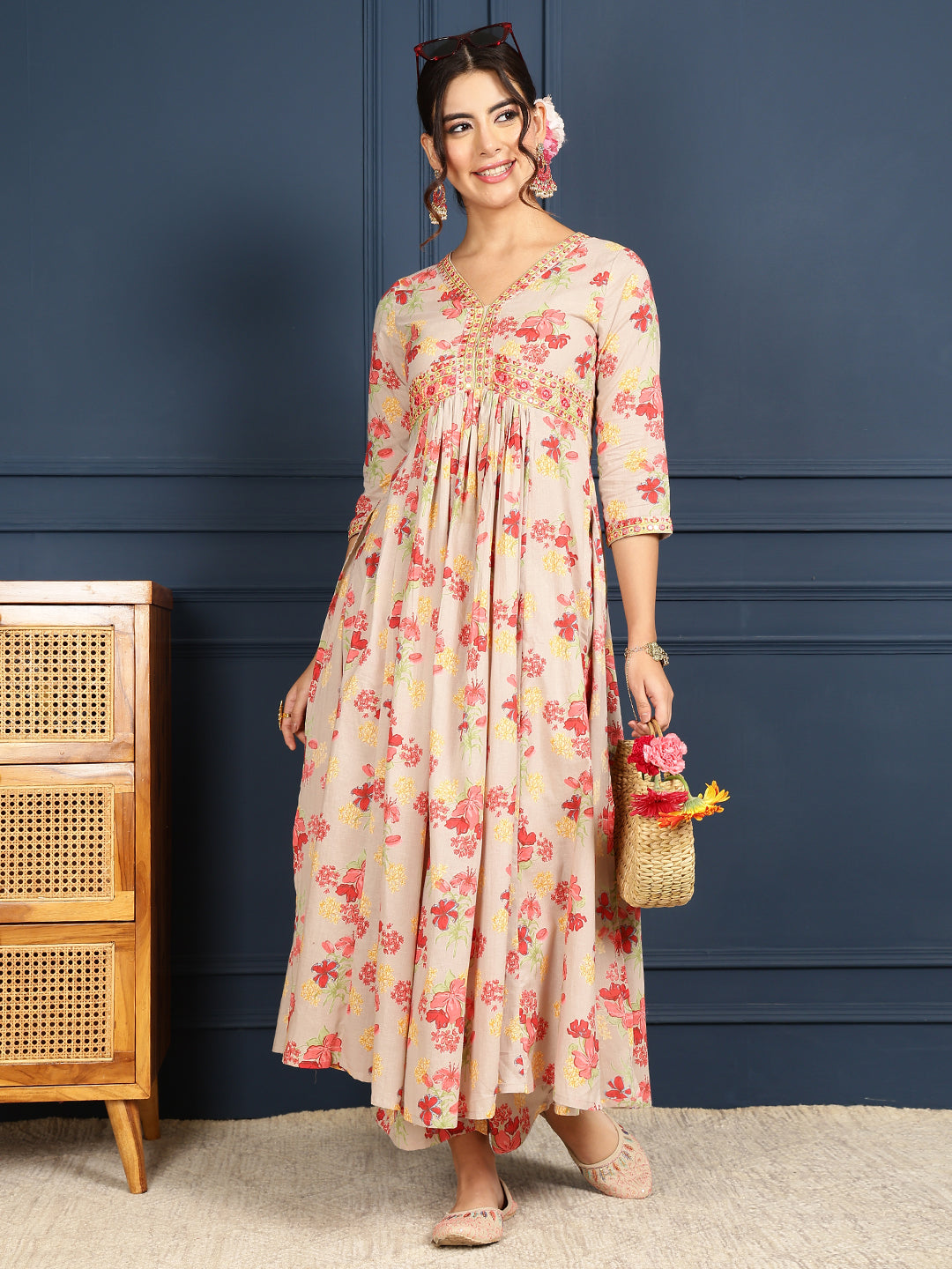 Rayon Calf Length Printed Flared 3/4 Sleeves V-Neck Kurta Bottom Set (Preorder)