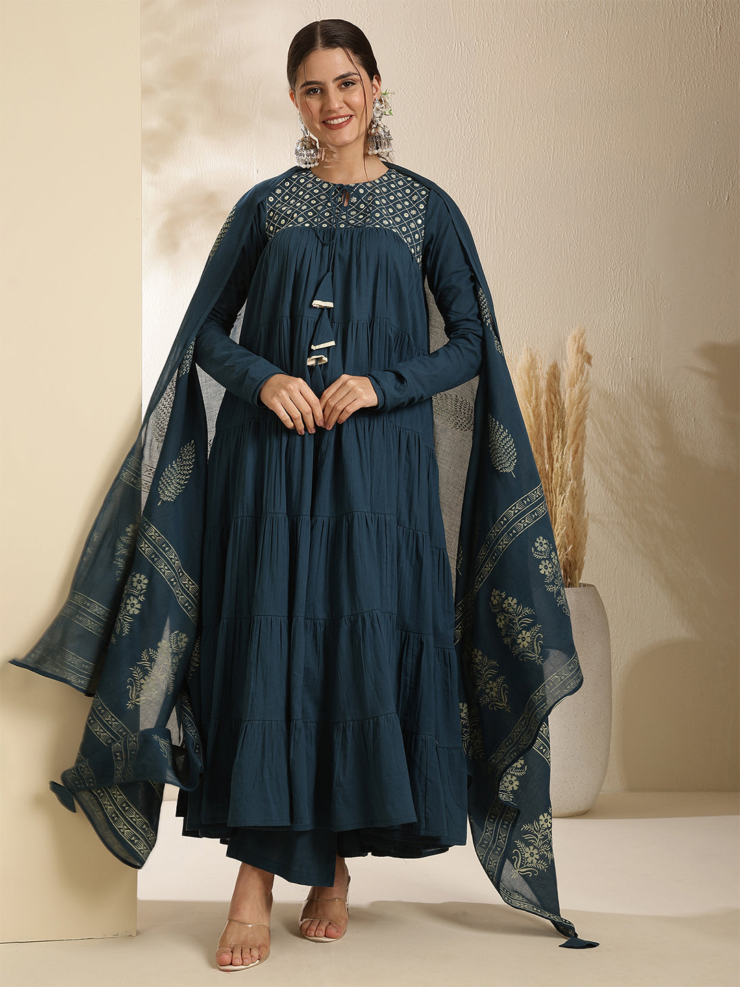 Cotton Calf Length Printed Full Sleeve Key Hole Neck Tired Kurta Bottom With Dupatta (Preorder)