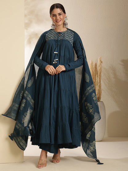 Cotton Calf Length Printed Full Sleeve Key Hole Neck Tired Kurta Bottom With Dupatta (Preorder)