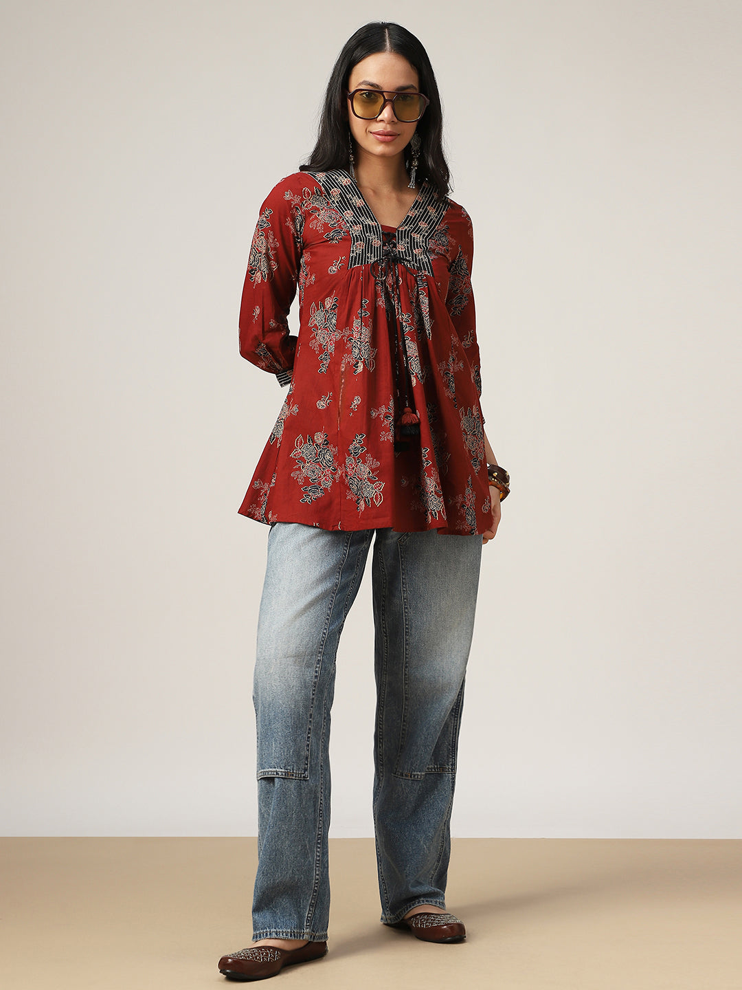 Flared Printed Cotton V-Neck Top