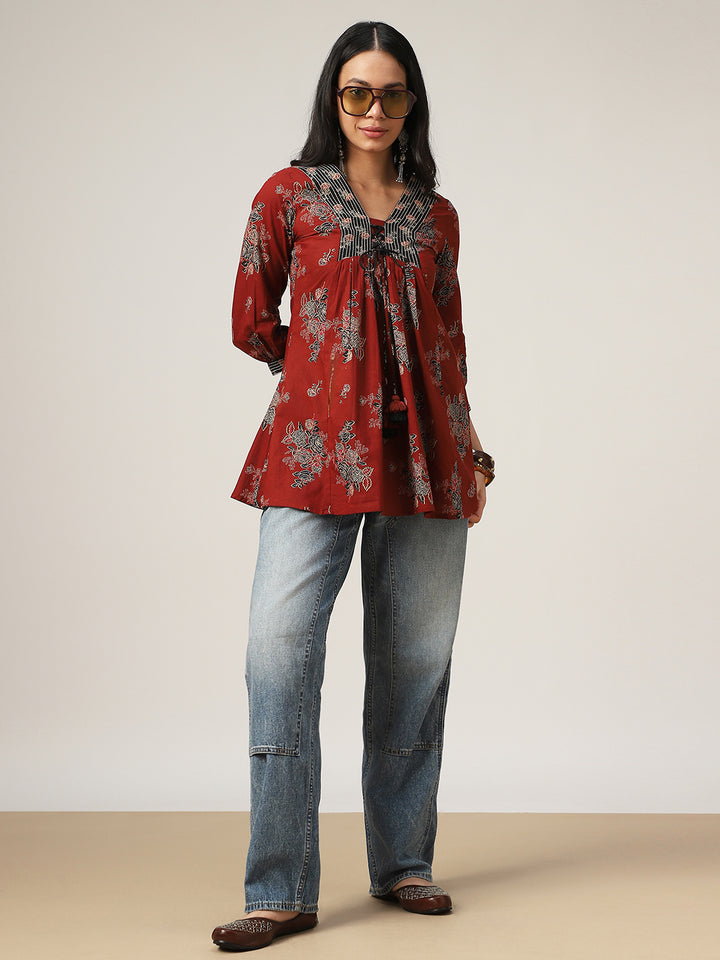 Flared Printed Cotton V-Neck Top