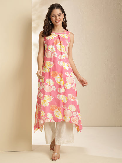 Rayon Calf Length Printed Sleeveless Round Neck Asymmetrical Kurta