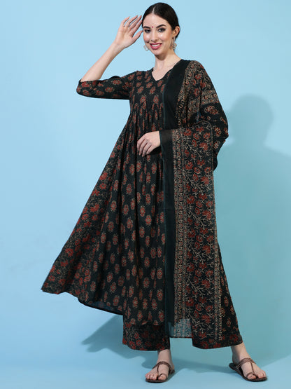 Cotton Calf Length Printed Flared 3/4 Sleeves V-Neck Kurta Bottom Dupatta Set