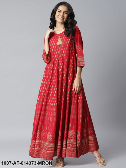 Gold Print Rayon Long Anarkali Kurta (Maroon) (Pre-Order)