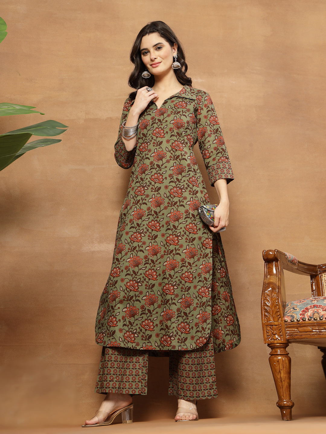 Straight Printed Cotton Shirt Collar Kurta Set