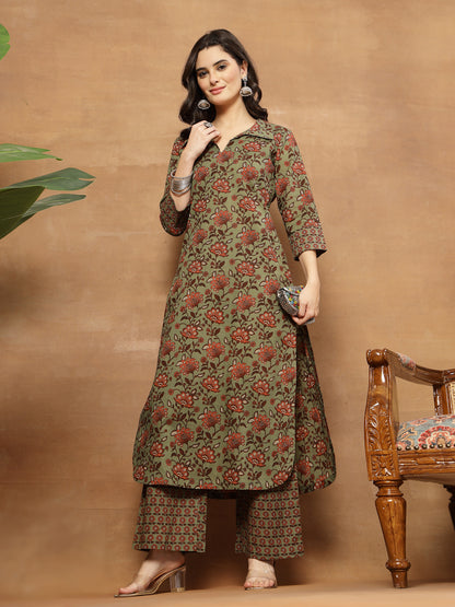 Straight Printed Cotton Shirt Collar Kurta Set