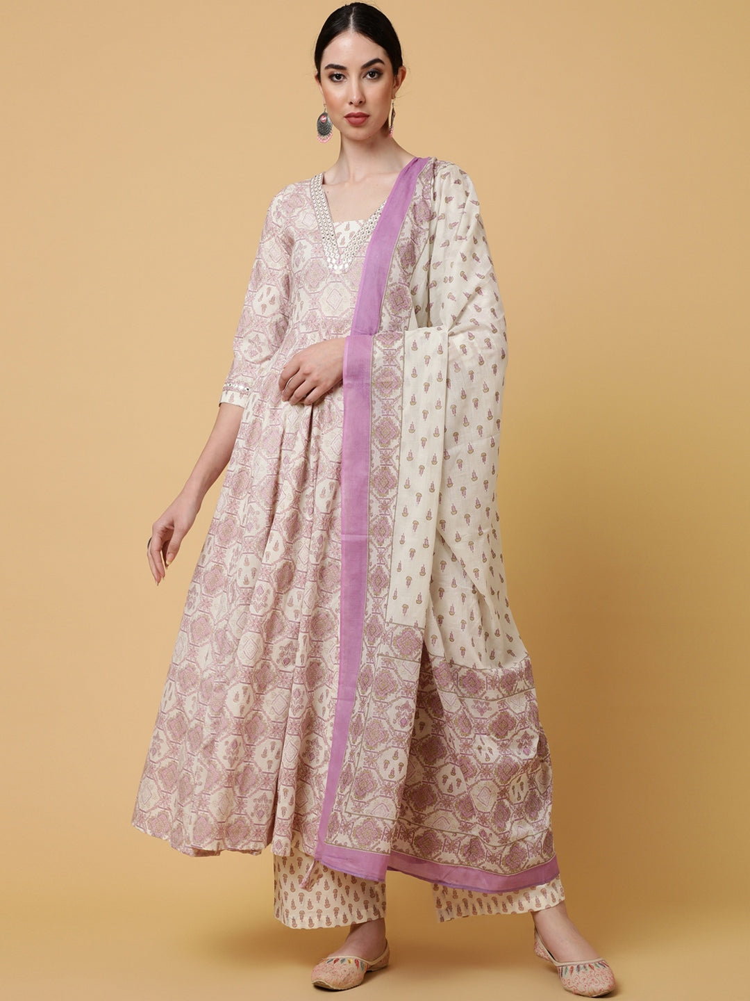 Cotton Calf Length Printed Flared 3/4 Sleeves V-Neck Kurta Bottom Dupatta Set