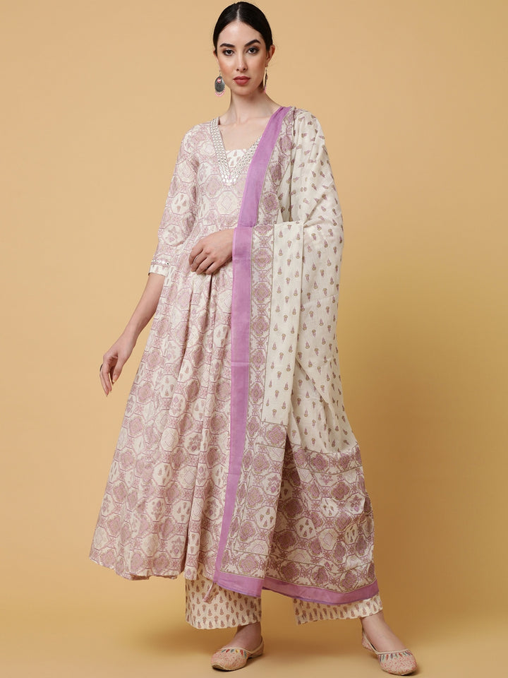 Cotton Calf Length Printed Flared 3/4 Sleeves V-Neck Kurta Bottom Dupatta Set
