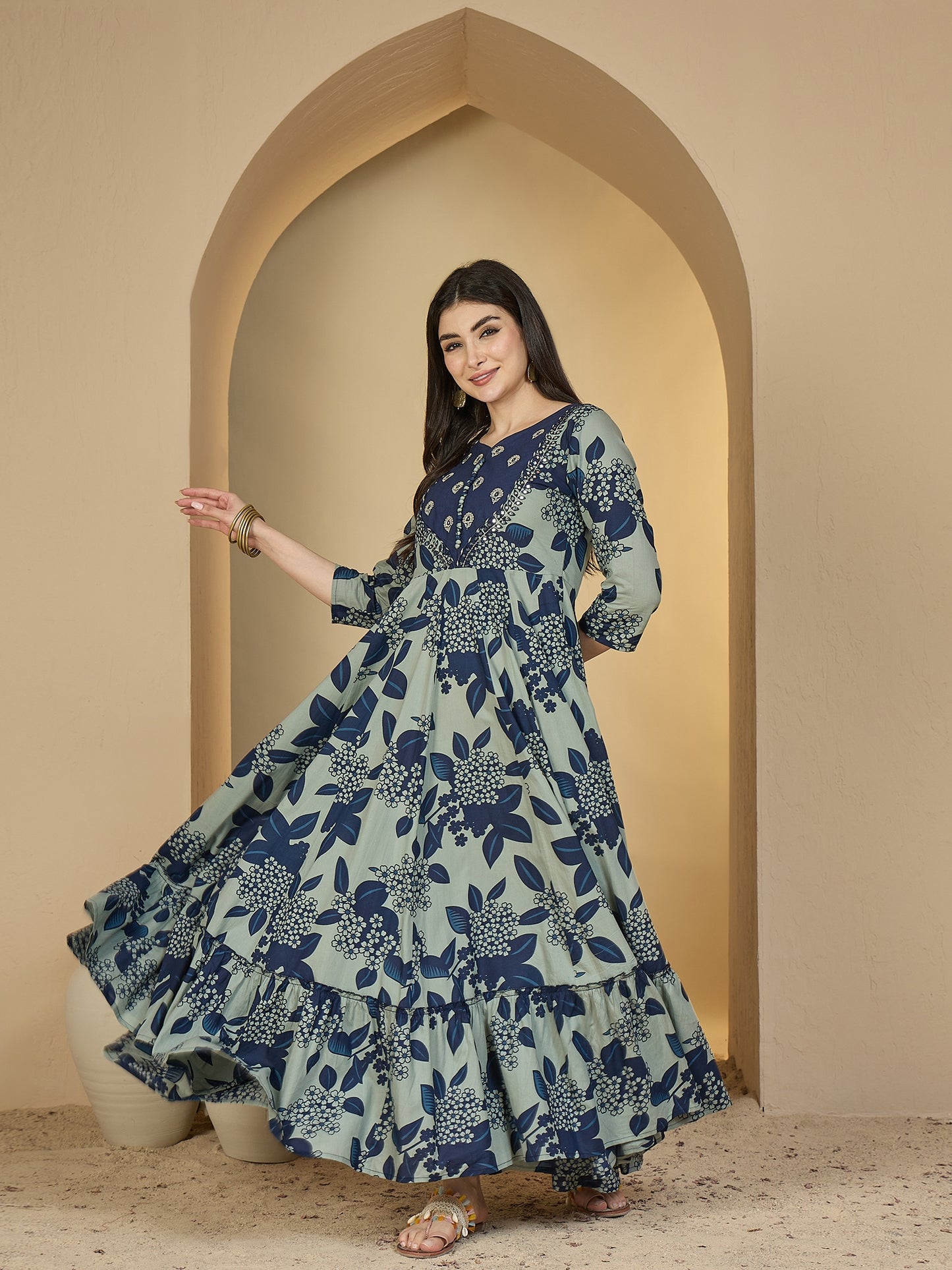 Cotton Ankle Length Printed 3/4 Sleeves Sweetheart Neck Anarkali Kurta