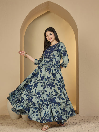 Cotton Ankle Length Printed 3/4 Sleeves Sweetheart Neck Anarkali Kurta