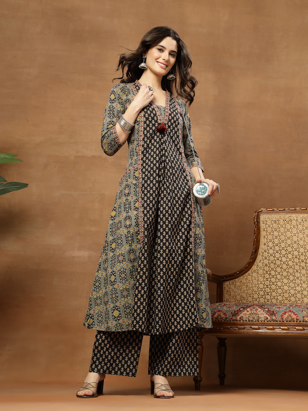 A-Line Printed Cotton V-Neck Kurta Set