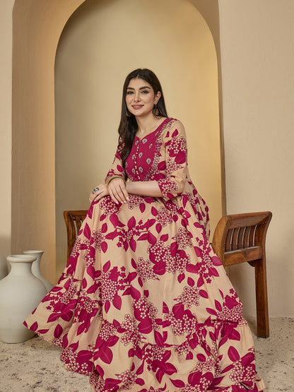 Cotton Ankle Length Printed 3/4 Sleeves Sweetheart Neck Anarkali Kurta